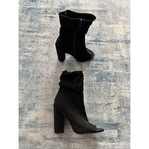 Qupid Black Sparkle Fabric Peep Toe Side Zip Block Heel Boots Size 6